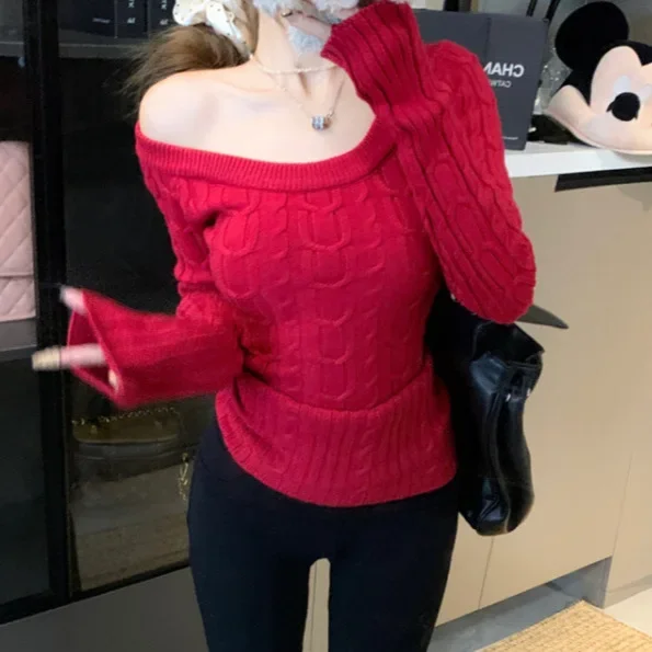 Grauer schulterfreier Strickpullover für Damen, modisch, schmale Passform, Basishemd, trendige Twist-Strickwaren, Winter, lässig, Top-Qualitätssicherung