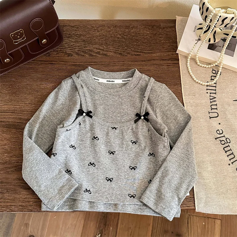 Autumn Girls' Tops Children Bow Tie Blouse Spring New Sweet Bottoming Shirt Baby Casual Long-Sleeved T-Shirt Kid Fashion Clothes
