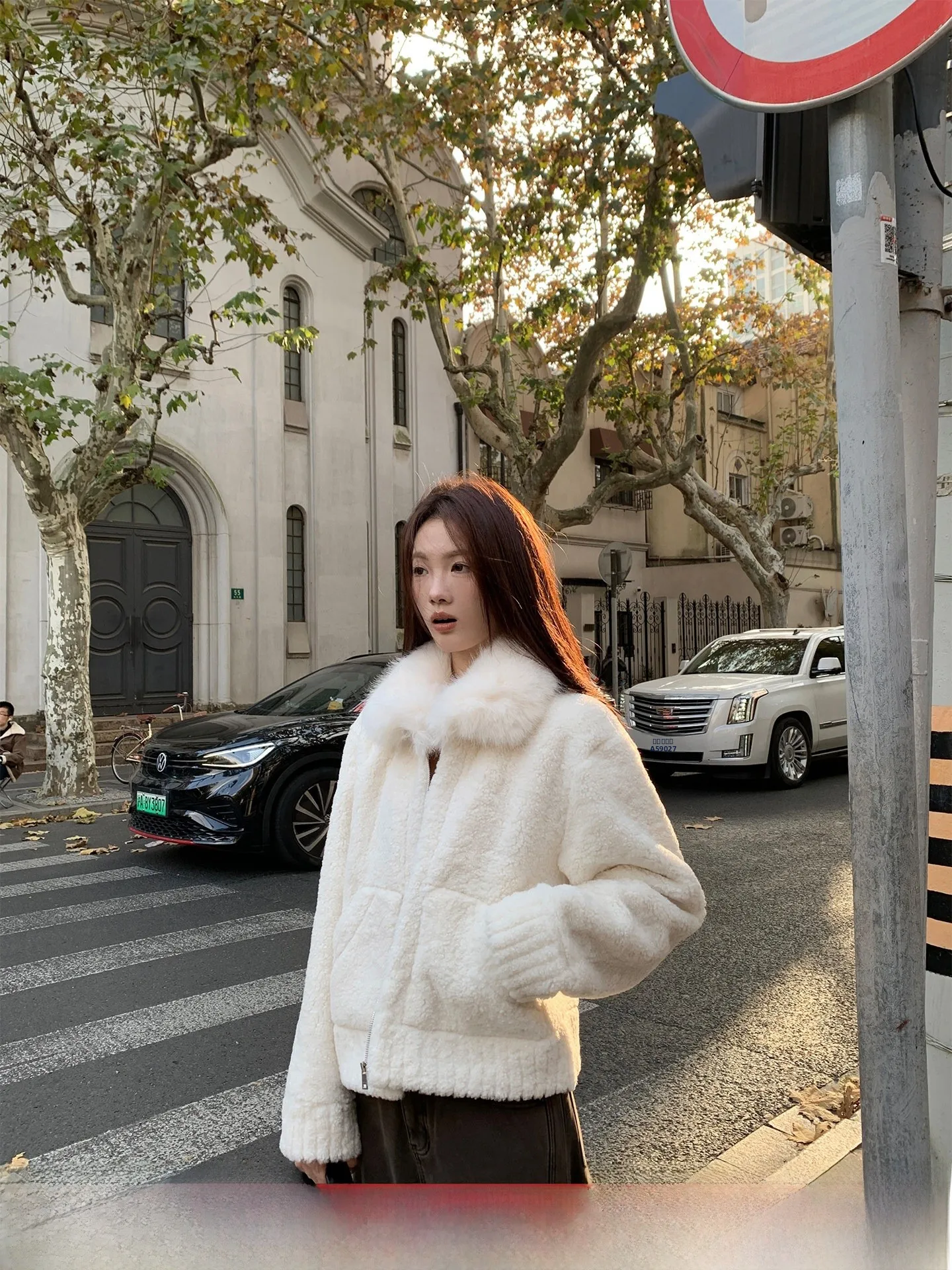 

Cactiop Women's Lamb Fur Collar Jaet Autumn Winter Warm Polyester Leather Coat Casual Sle Thiened Long Sve Zipper