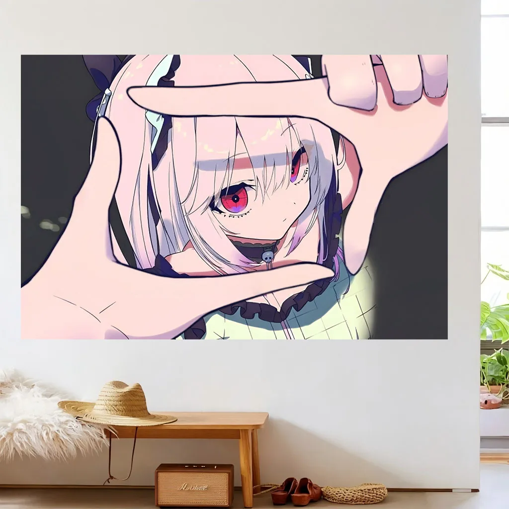 Pastel Gothic Anime Girl Tapestry Silver Purple Hair Red Eyes Skull Choker Peek Frame Dark Manga Wall Hanging Dorm Bedroom Wall