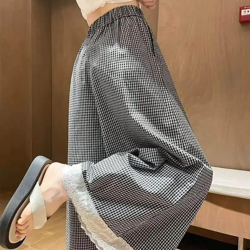 Fashion drape plaid lace splicing wide-leg pants women's summer 2025 new high-waisted loose drape casual pants