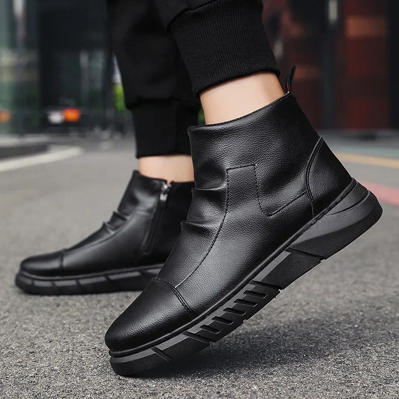 Black Boots for Men Fashion Leather Shoes Platform Ankle Boots Outdoor Comfortable Soft Men Motorcycle Booties Botas Hombre Piel