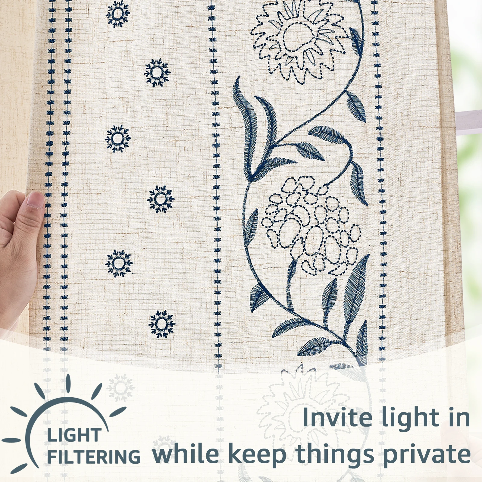 Linen Embroidered Floral Curtains Farmhouse Style Light Filtering Drapes for Bedroom Living Room