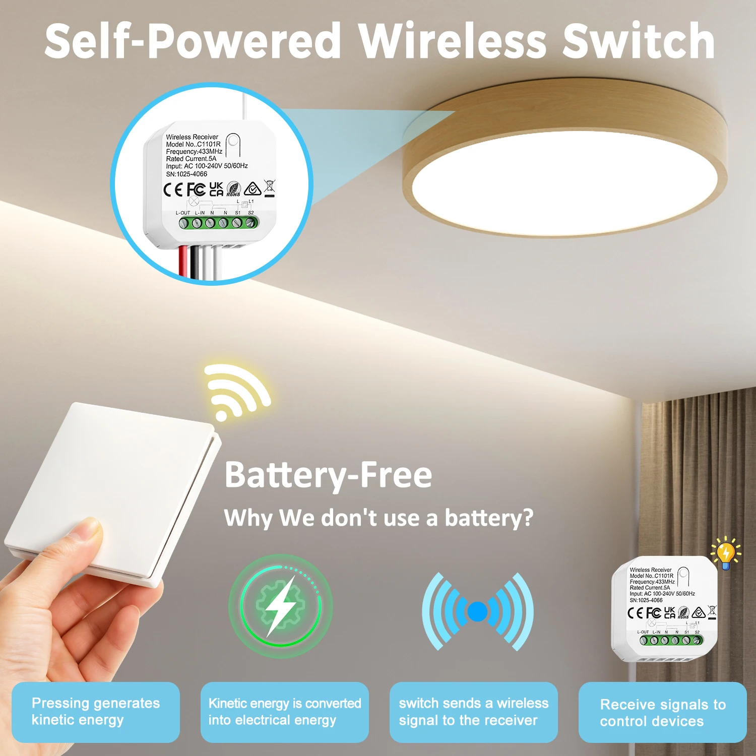 Kinetic Switch and Receiver| No Batteries Needed Eco-Friendly Energy| Mini Size Cotroller | IP65 Waterproof Remote Light Switch