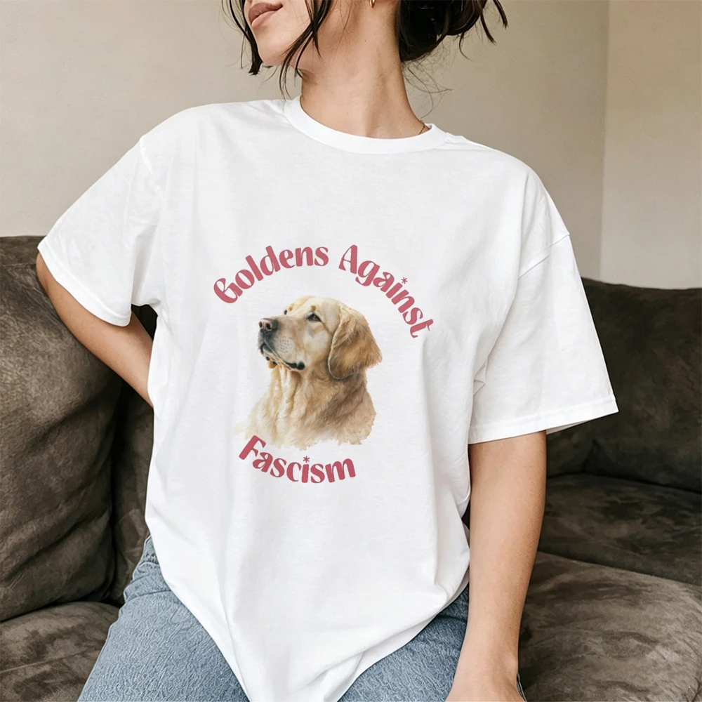 Goldens Against Fascism Dog Women Retro T-Shirt Cute Puppy Pet Lover Graphic Print Summer Trendy Art Top