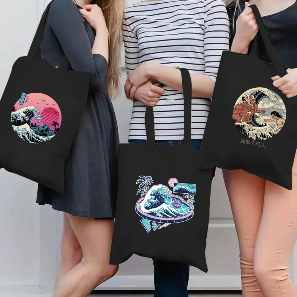 

Shopping Bag Kawaii Handbag Fashion Shoulder Bag Women's Leisure Travel Canvas Wave Pattern Printed Full Collection Handbag