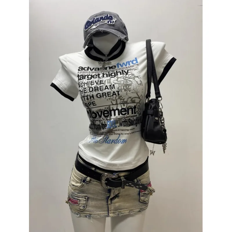 

American retro clothes sexy spice white short T-shirt for female summer design sense small letter print y2k streetwear top