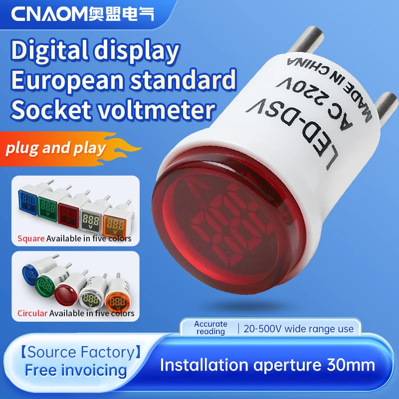 CNAOM 1PC EU Plug LED Household Digital Monitor AC 50V~500V Voltmeter Universal Circular Indicator Light AC220V/380V