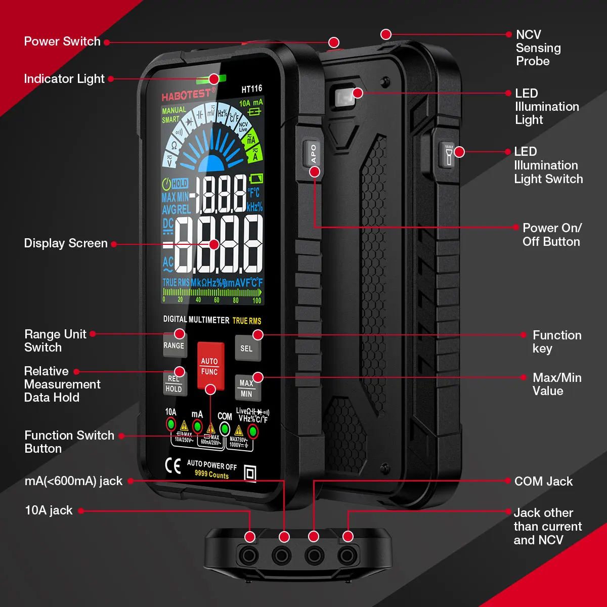 HABOTEST HT116 Digital Multimeter Smart Auto Range 1000V 10A Tester Meter Ohm Hz Capacitance REL True RMS AC DC DMM Multitester