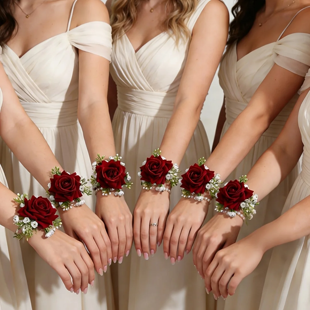 2pcs Simulated Rose Pearl Wrist Flower Wedding Bridesmaid Fabric Wrist Flower