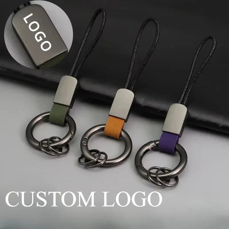 

Frosted Cowhide Customized Laser Engrave Ring Leather Keychain Retro Vintage Car Logo Key Chain Strap Keyring for Men and Women