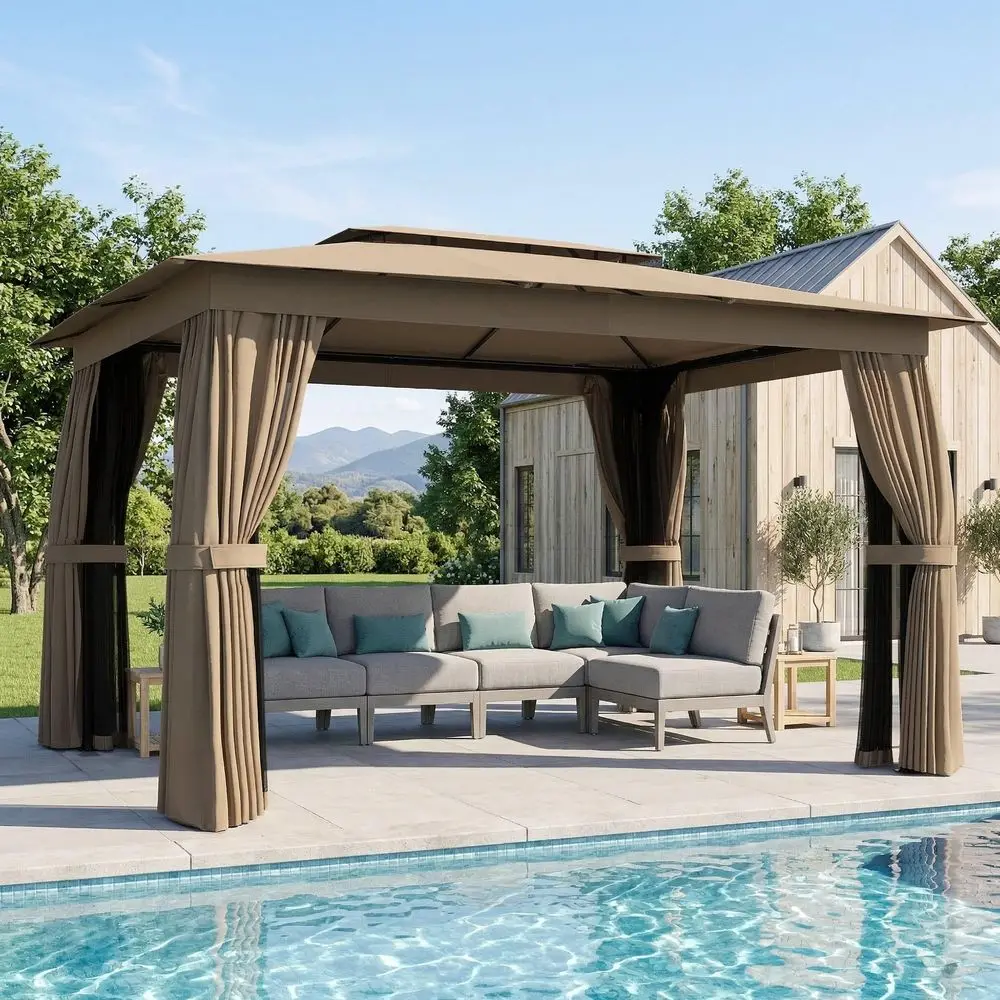 

10 x 12 Outdoor Patio Gazebo, Heavy Duty Gazebo Canopy Shelter with Double Roof, Curtains, Netting, Steel Frame, UPF30 Protecti