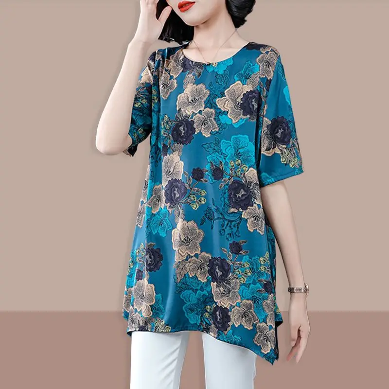 Oversized 6XL Flower Print T-Shirt Summer Fashion Women Clothing Casual Loose Pullover Korean Ladies Elegant O-Neck Vintage Tops