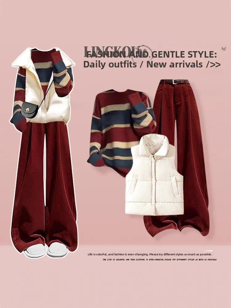 

Anti-Aging Large Size Autumn Winter Casual Women's Stripe Knit Vest And Red Pants Three-Piece Set Fashionable And Comfortable