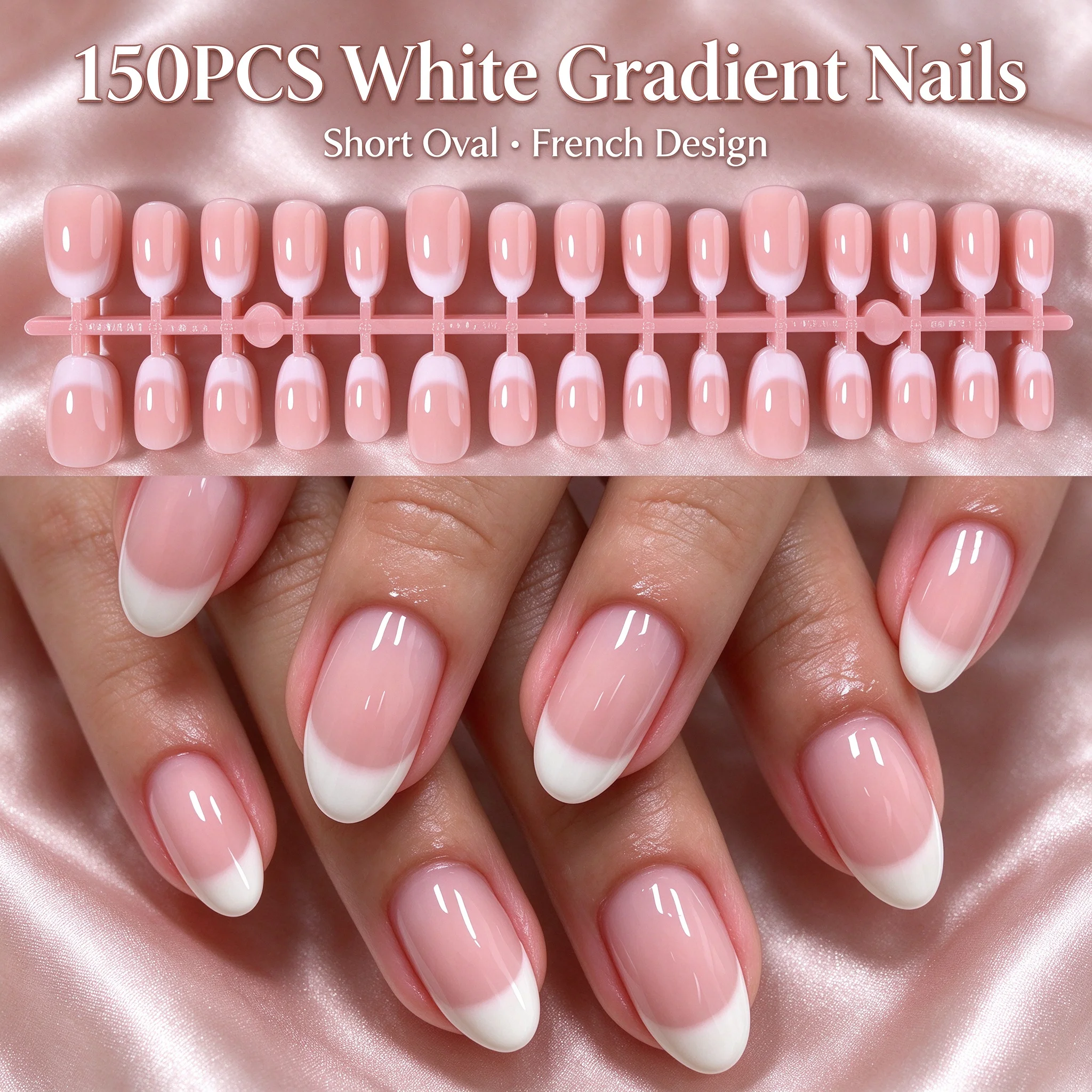 150/300Pcs Medium Almond Nude Pink French Gradient Nail Tips, Salon False Nails, Gold Plastic Bag Pack, Ideal Gift for Girls & N
