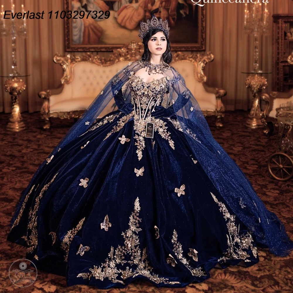 EVLAST Navy Blue Velvet Quinceanera Dress Ball Gown Gold Butterfly Applique Beads Cape Corset Sweet 16 Vestido De 15 Anos QD1020