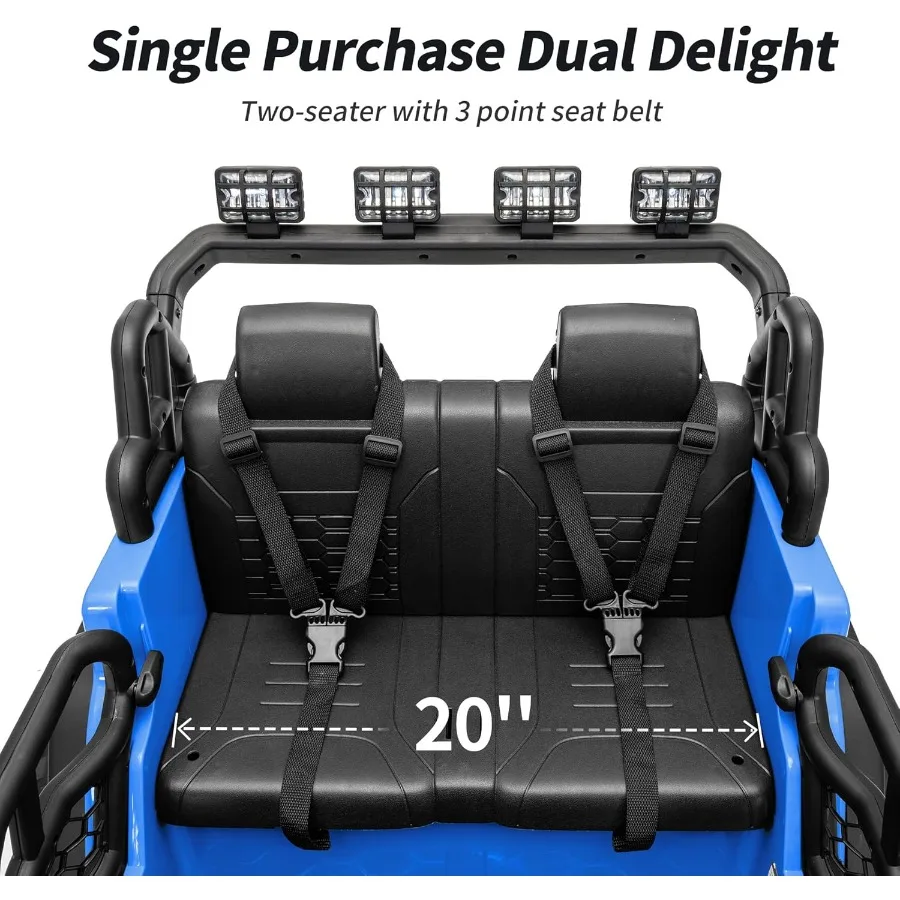 2人乗り乗用玩具車 12V電動カー 4～8歳向け リモコン付き 耐荷重110ポンド LEDライト - ブルー