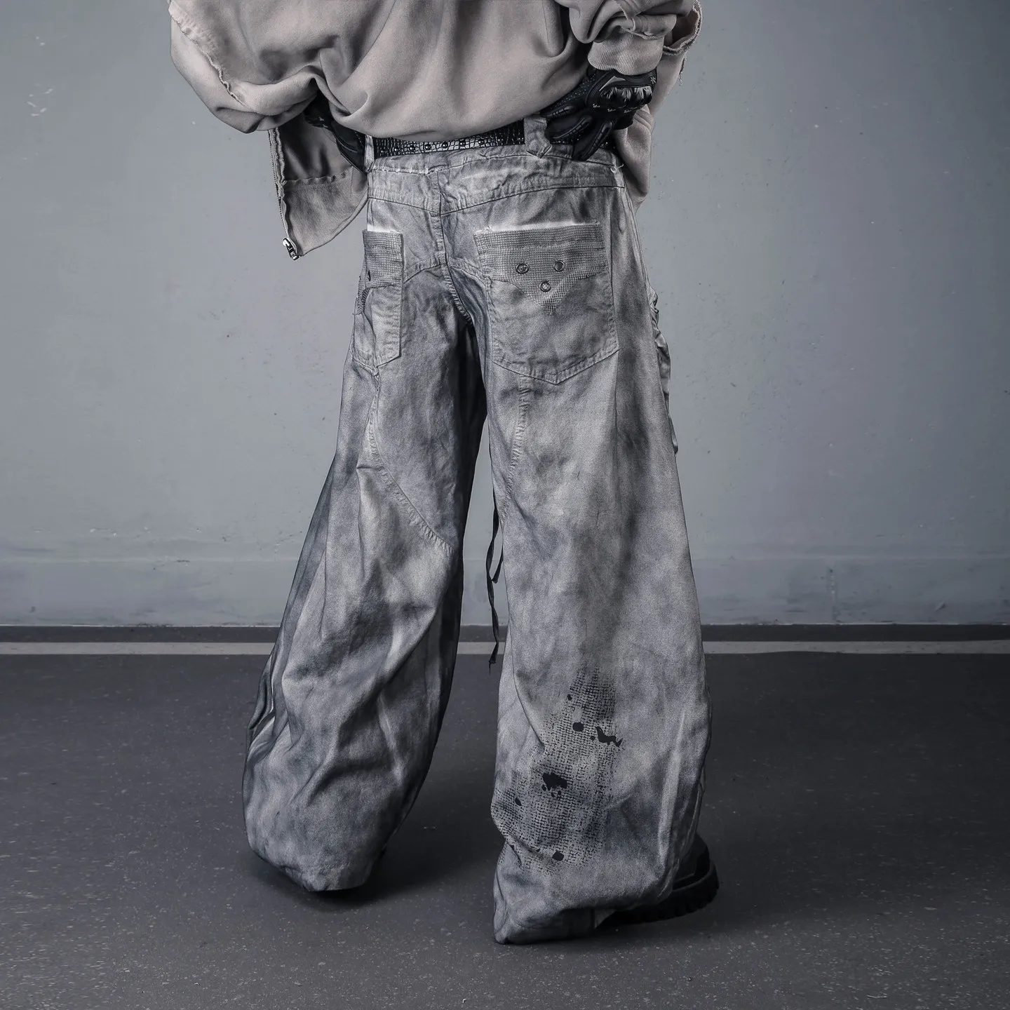 Wasteland Double Waist Design Distressed Splash Ink Dirty Dyed Machete Wide Leg Pants Loose Street Y2g Yabi Trousers