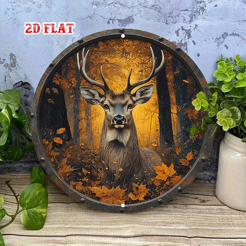 2D Flat - One-Piece 2D Flat Autumn Leaves Sign, Round Sign Featuring a Deer Portrait, And a 7.87X7.87 Round Sign Showcasing Fore