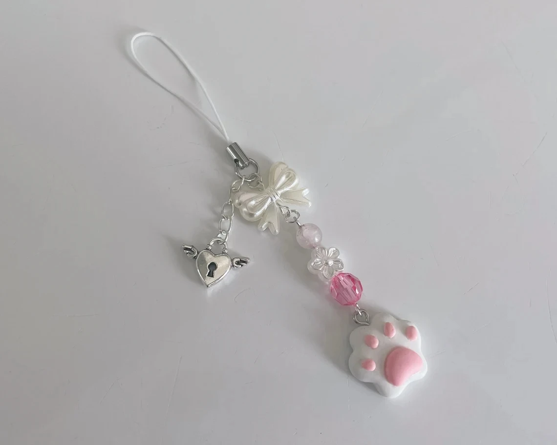 Handmade Pastel Pink Kitten Paw Phone Charm - pink | white - keychain phone accessory  cutecore cottagecore