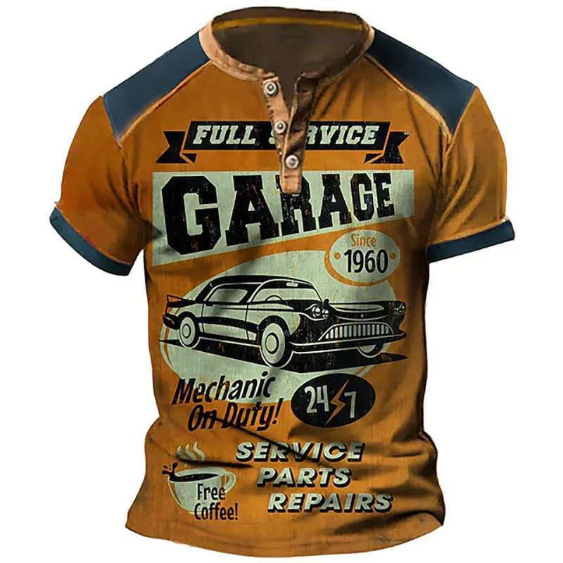Car Graphic 3D Print Vintage Henley Shirts Men\'s Fashion Oversized Button-Down Short Sleeve T Shirt Man Male Tees Tops Clothing
