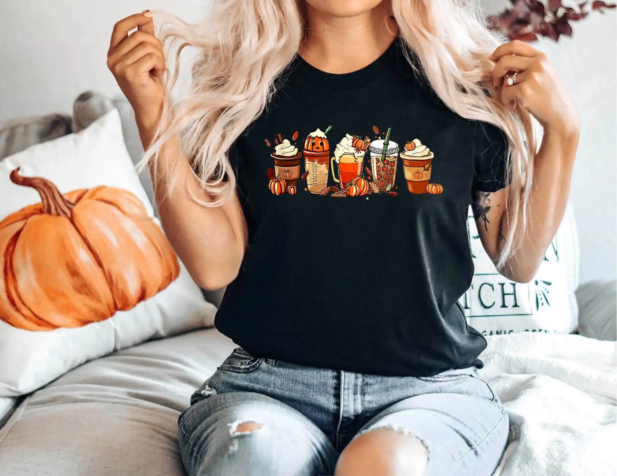 Fall Coffee T Shirt Cute SweaT Lover tee Halloween Pumpkin Latte Drink Cup Spice Thanksgiving