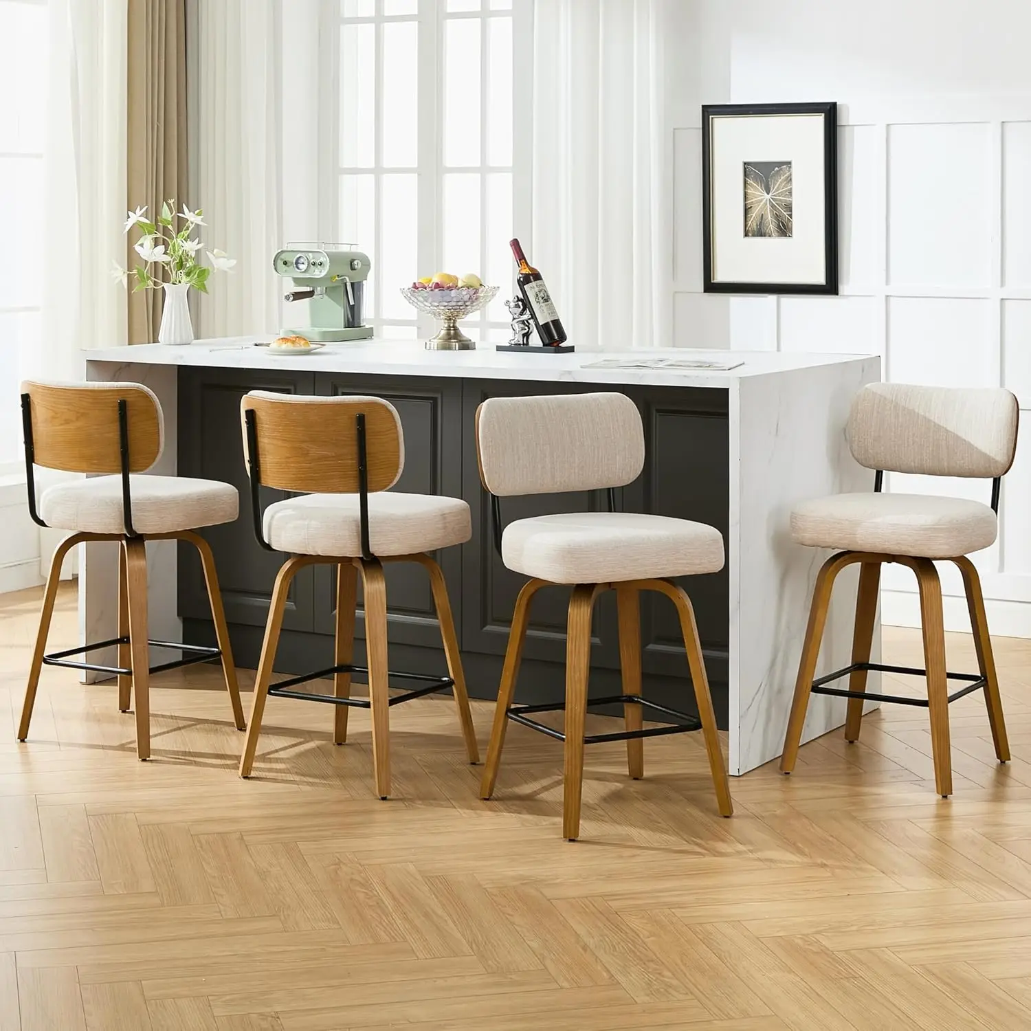 

Swivel Counter Height Bar Stools Set of 4, 26" Linen Fabric Upholstered Bar Stools with Back and Oak Wood Legs, Mid, Customized