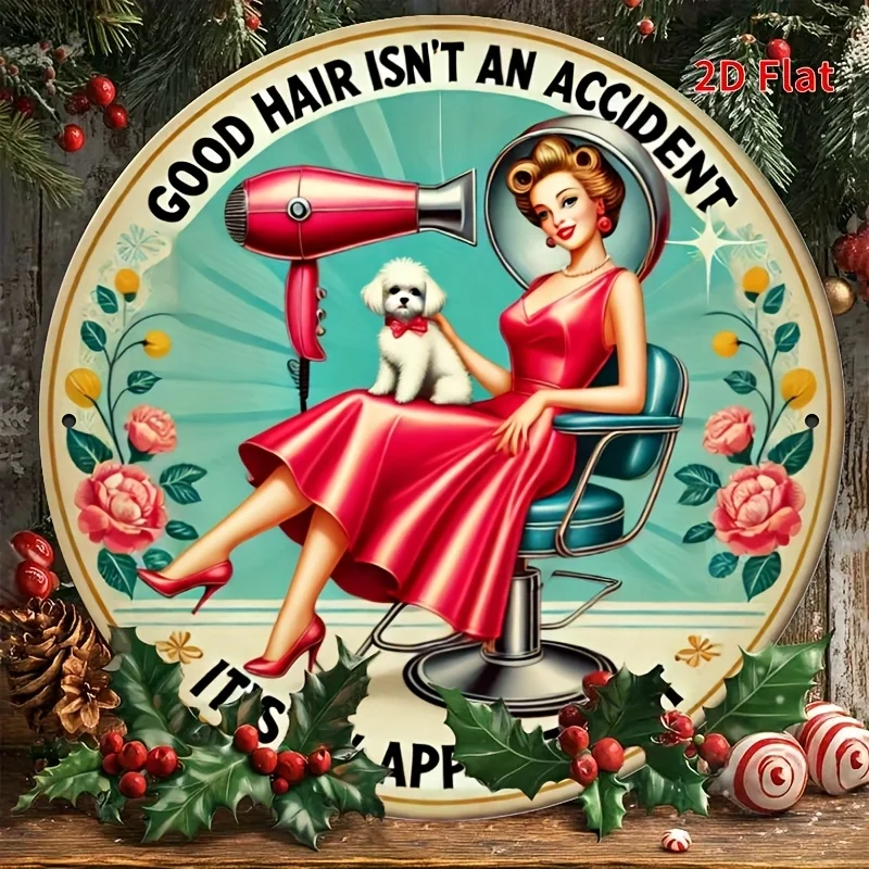 طباعة مسطحة ثنائية الأبعاد، ديكور الغرفة، 1 شعار مصفف شعر حديدي مستدير عتيق، 7.8 بوصة - شعر جميل ليس ديكو جداري حادثي #5