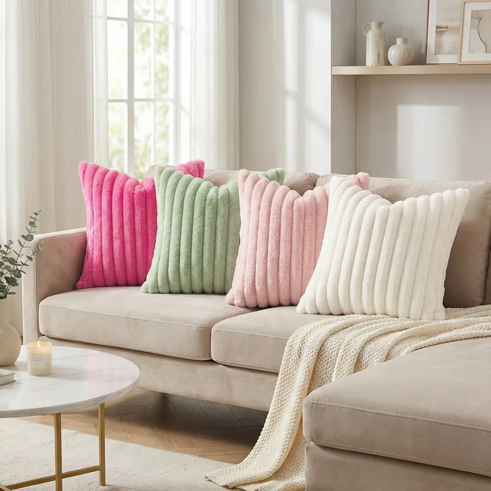 1pc Faux Rabbit Fur Throw Pillow Cover Soft Stripe Design Decorative Pillowcase Home Decor Cushion Cover Pillow Case 30x50 45x45