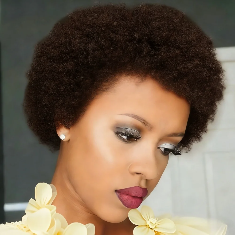 6 inches Afro Human Hair Wigs Short Afro Wig for Women Short Kinky Curly wig with Bangs for DailyFull Machine-Made Wig