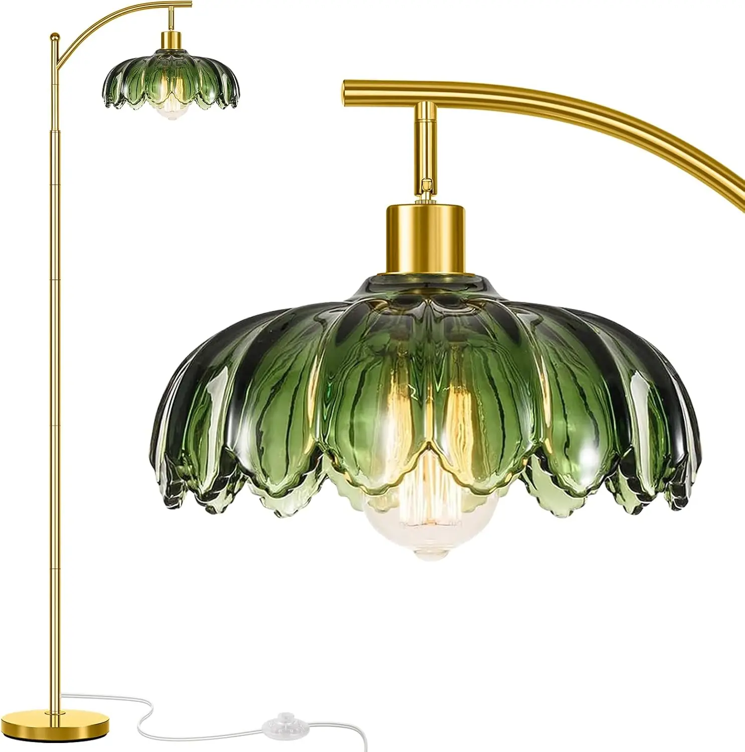 

Винтажный напольный светильник с золотой аркой и зеленым стеклянным плафоном для гостиной или офиса в стиле середины века