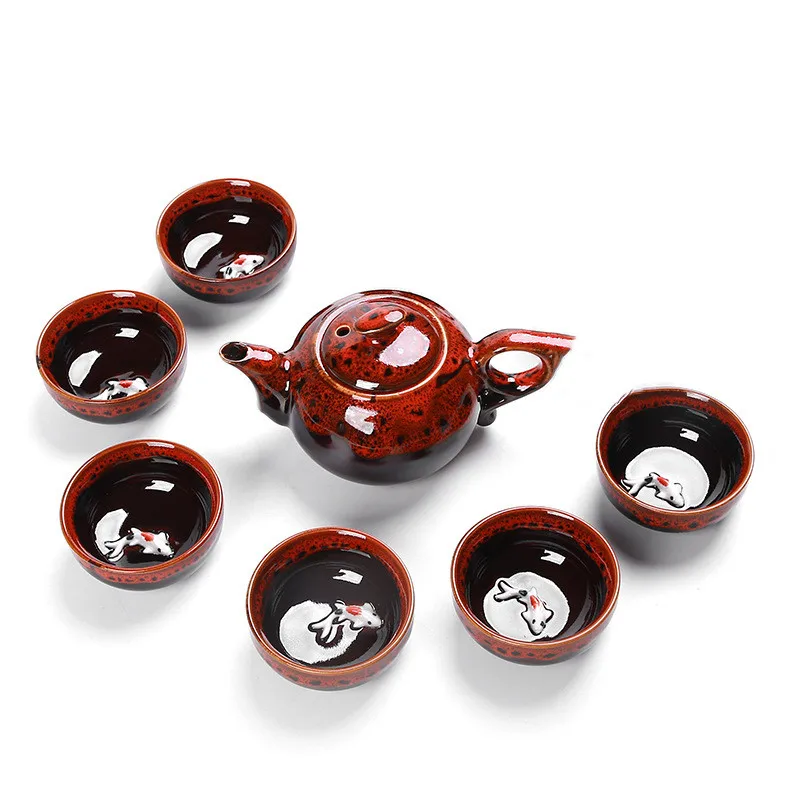 1 Pot 6 Cups Fish Play Tea Set Chinese Style Ceramic Kung Fu Tea Set Teapot Portable Tea Cups Of Tea Ceremony Teaware Sets Gifts