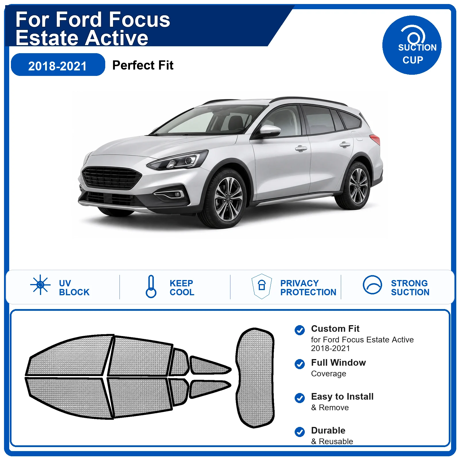 For Ford Focus Estate Active 2018-2021 Custom Full Set Windshield Sun Shade Aluminum Foil Heat Insulation Anti UV Foldable