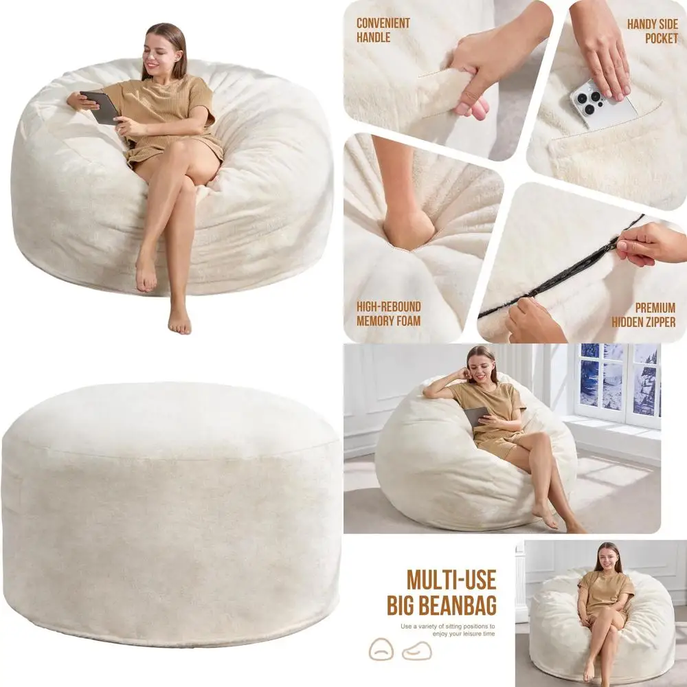 

Large Plush Bean Bag Chair for Adults - White, 50 x 50 x 24 Ideal for Living Room, Bedroom, Dorm