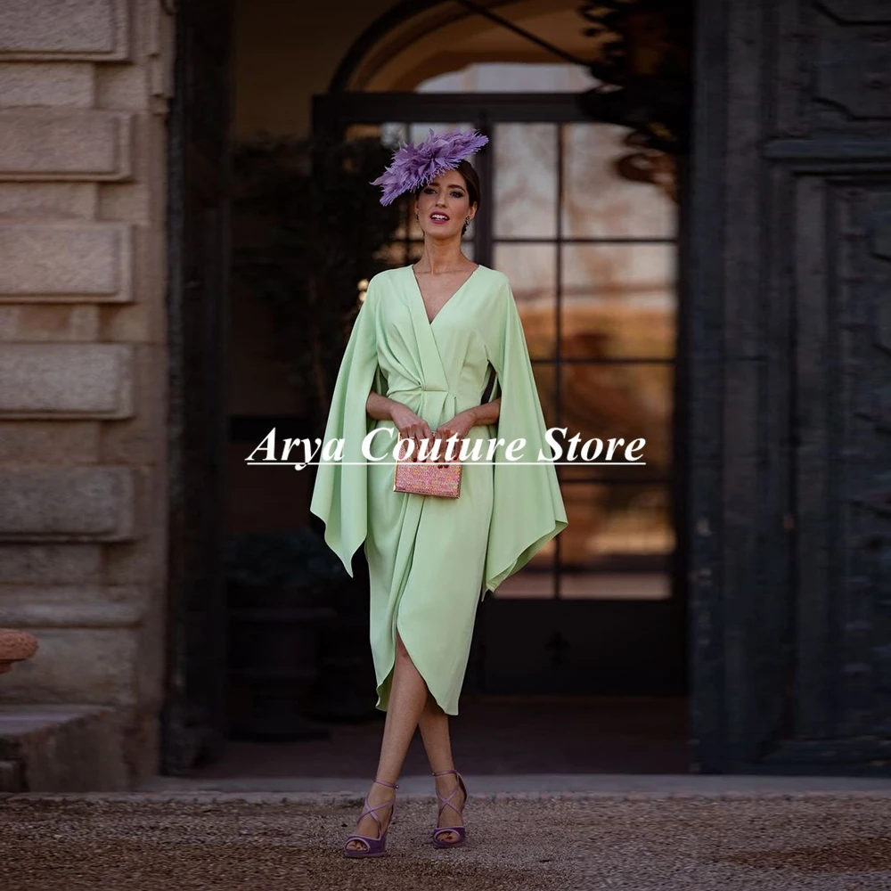 Light Green Mother Of The Bride Dresses V-Neck Pleat Cap Sleeve Knee Length Party Gown Wedding Guest Dresses For Women Robes