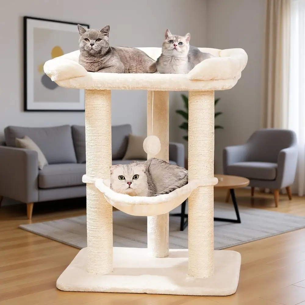 

28 Large Cat Tree Tower for Indoor Cats, Cat Scratch Post with Large Bed for Big Cats, Sisal Cat Scratcher with Soft Perch & Ham