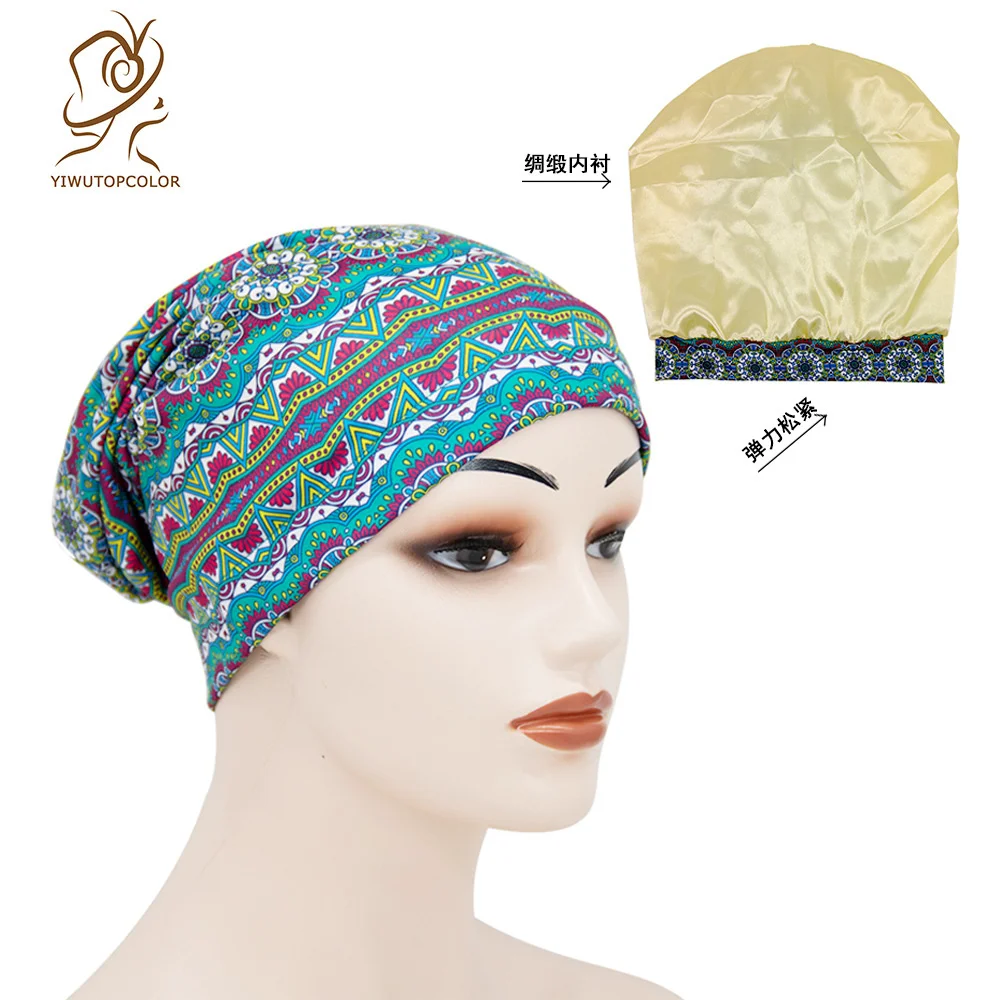 

New Cotton Printed Nightcap Double Lined Satin Chemotherapy Cap Elastic Pullover Cap Muslim Hijab Head Wraps Femme Turbante