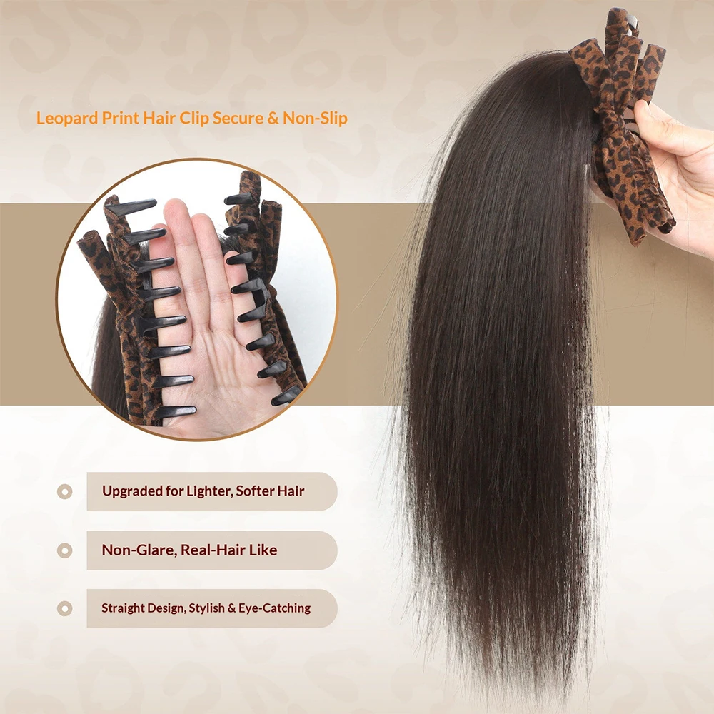 Leopard Print Bow Fountain Claw Clip Straight High Ponytail Synthetic Hair Heat Resistant Hair Accessories for Women Daily view 6