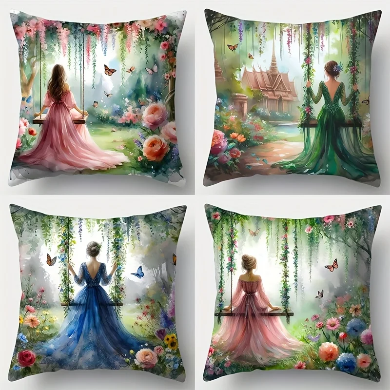 Four-piece oil painting style cushion cover set, featuring a charming design depicting a beautiful woman dancing in a garden