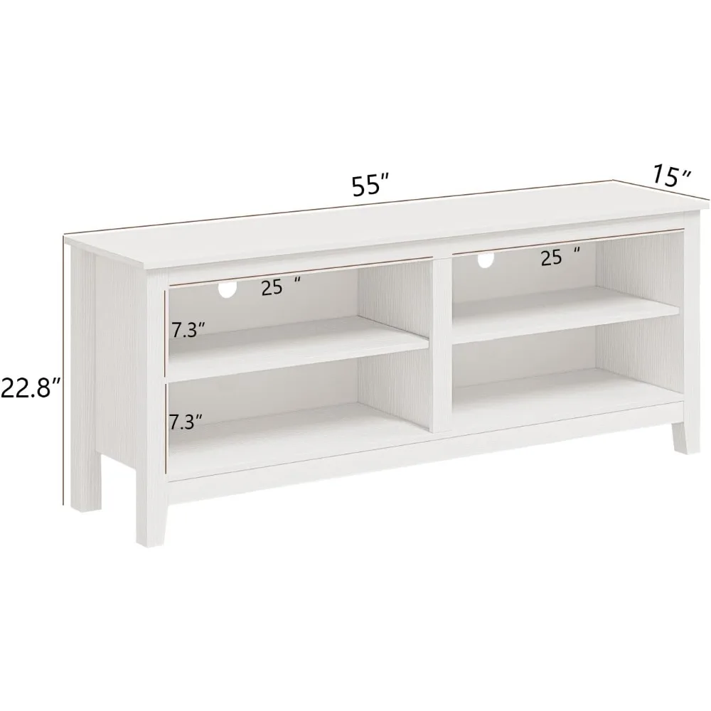White Wooden TV Stand for 65 TVs, with 4 Open Shelves, Accommodates 50-65 Screens, 55 Wide x 15 Deep
