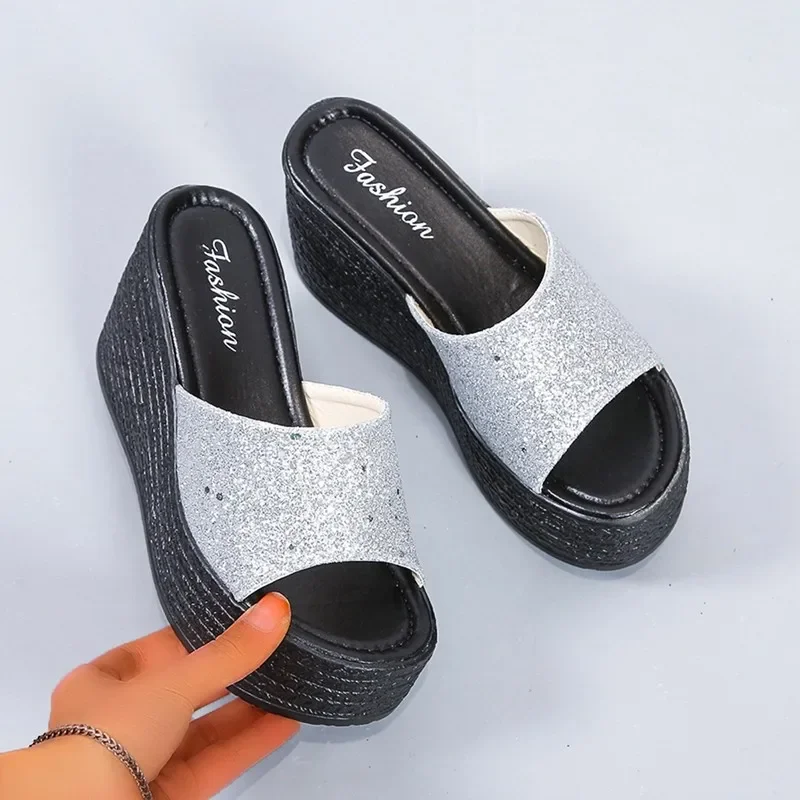 Wedges PU High Heel Modern Slippers Summer Outside 2024 Hot Sale Ladies Shoes Solid Shallow Concise Women's Slippers Chinelos