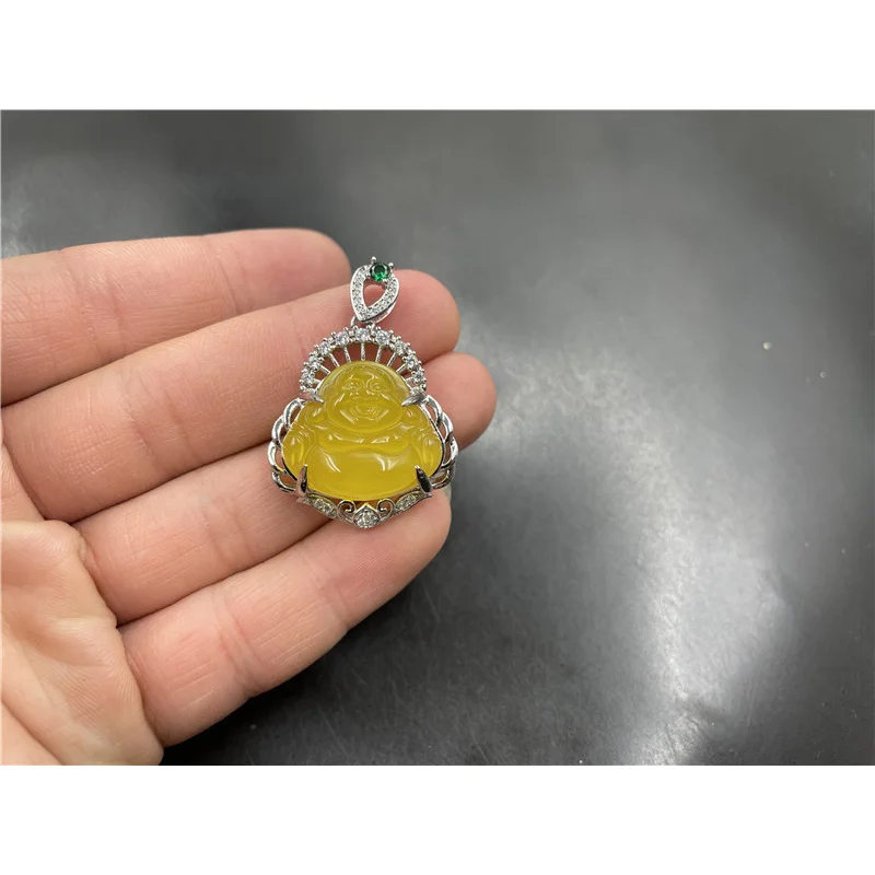 925 Silver Inlaid Green Chalcedony Maitreya Pendant Women's Yellow Agate Smiling Big Belly Buddha