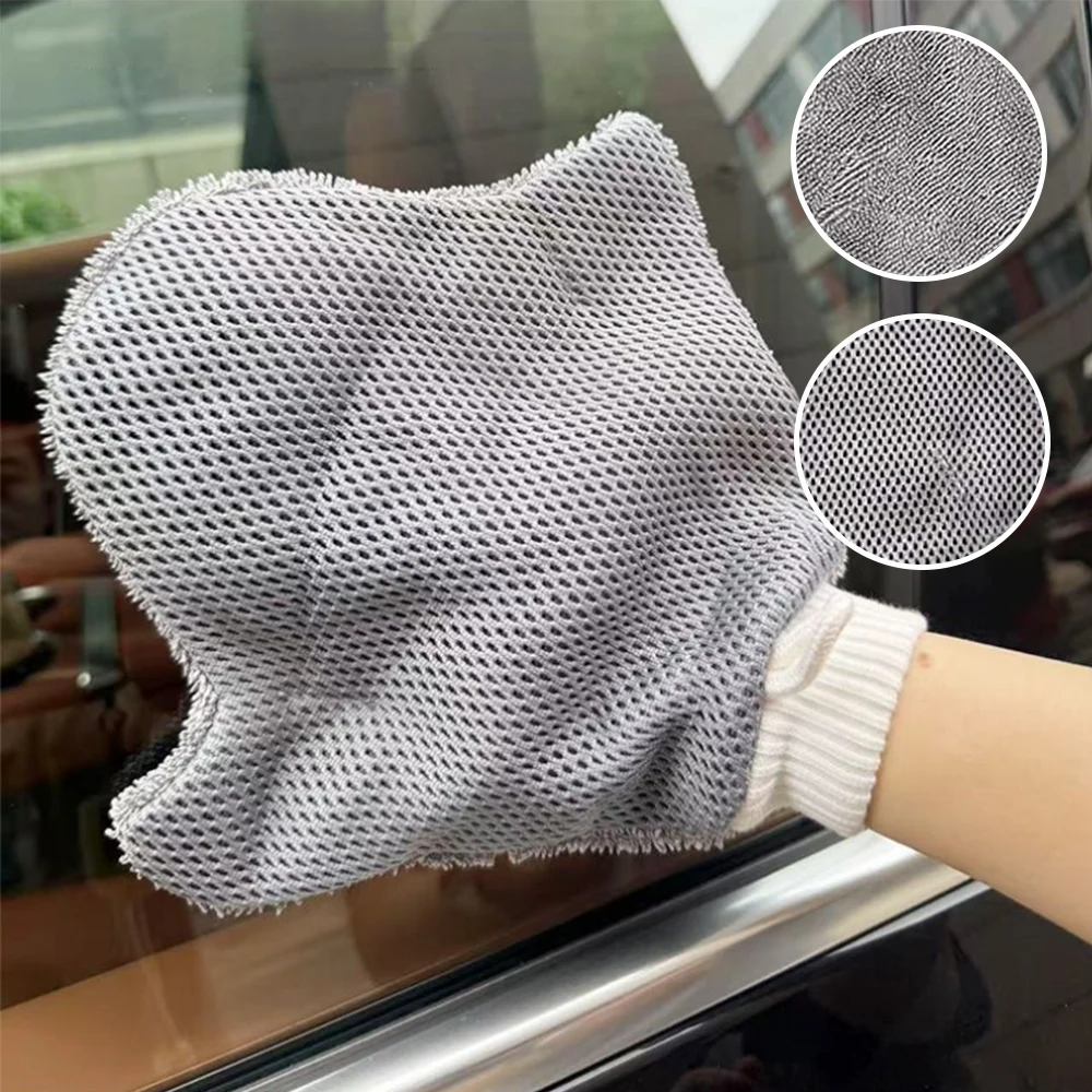 Car Wash Glove Microfiber Towel Sandwich Mesh Fabric Double-Sided Wipe Scratch Free Hangable Auto Window Stair Rail Clean Mitt