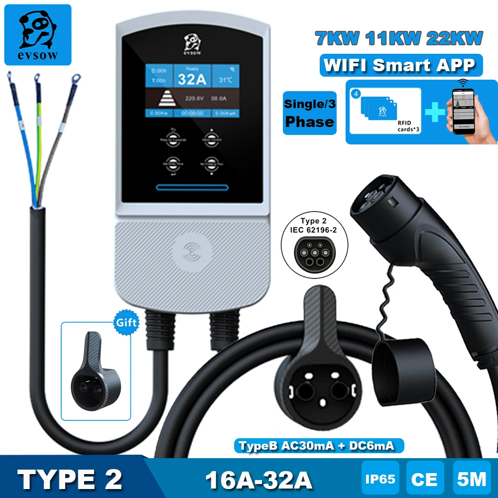 evsow EV Charging Station 32A 7KW Electric Vehicle Car Charger EVSE Wallbox 11KW 22KW 3Phase Type2 IEC62196-2 Socket APP Control