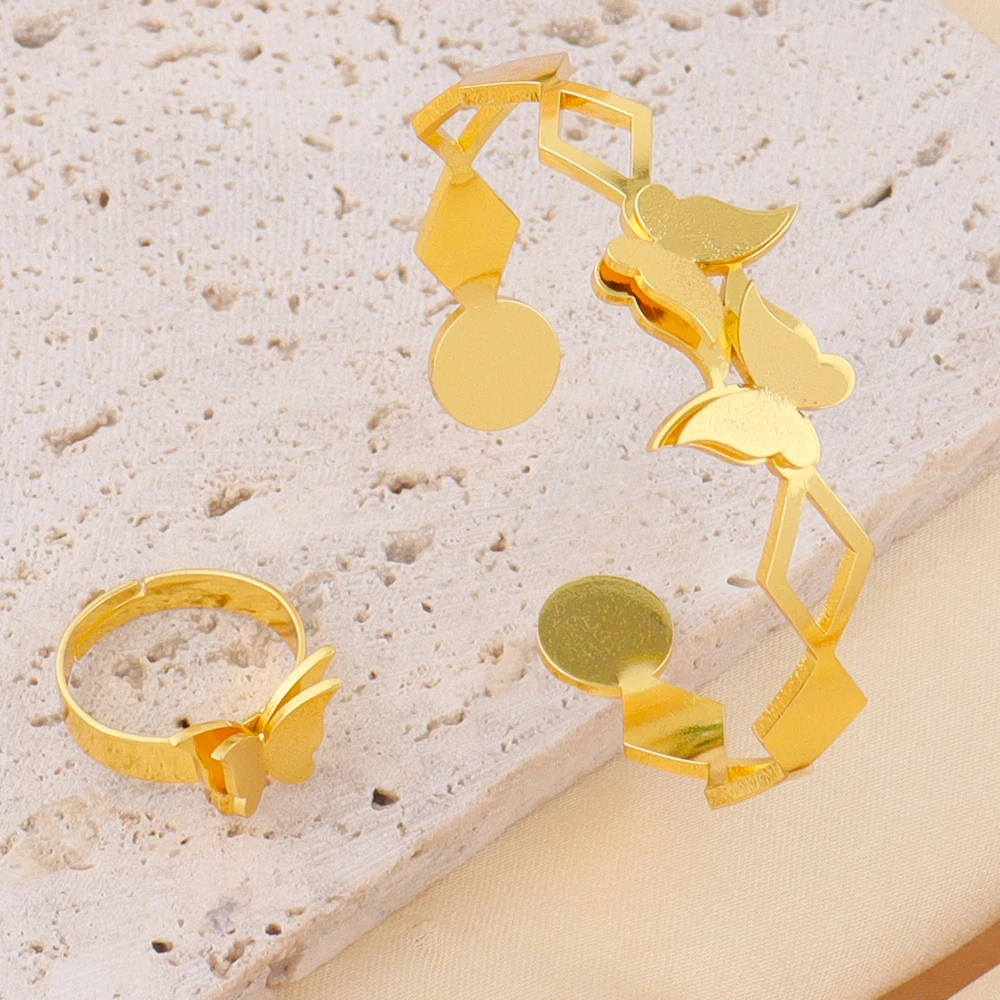 

Fashion Gold Color Stainless Steel Rings Bracelet For Women France Italy Romatic Butterfly Jewelry Set Gift For Wedding Party