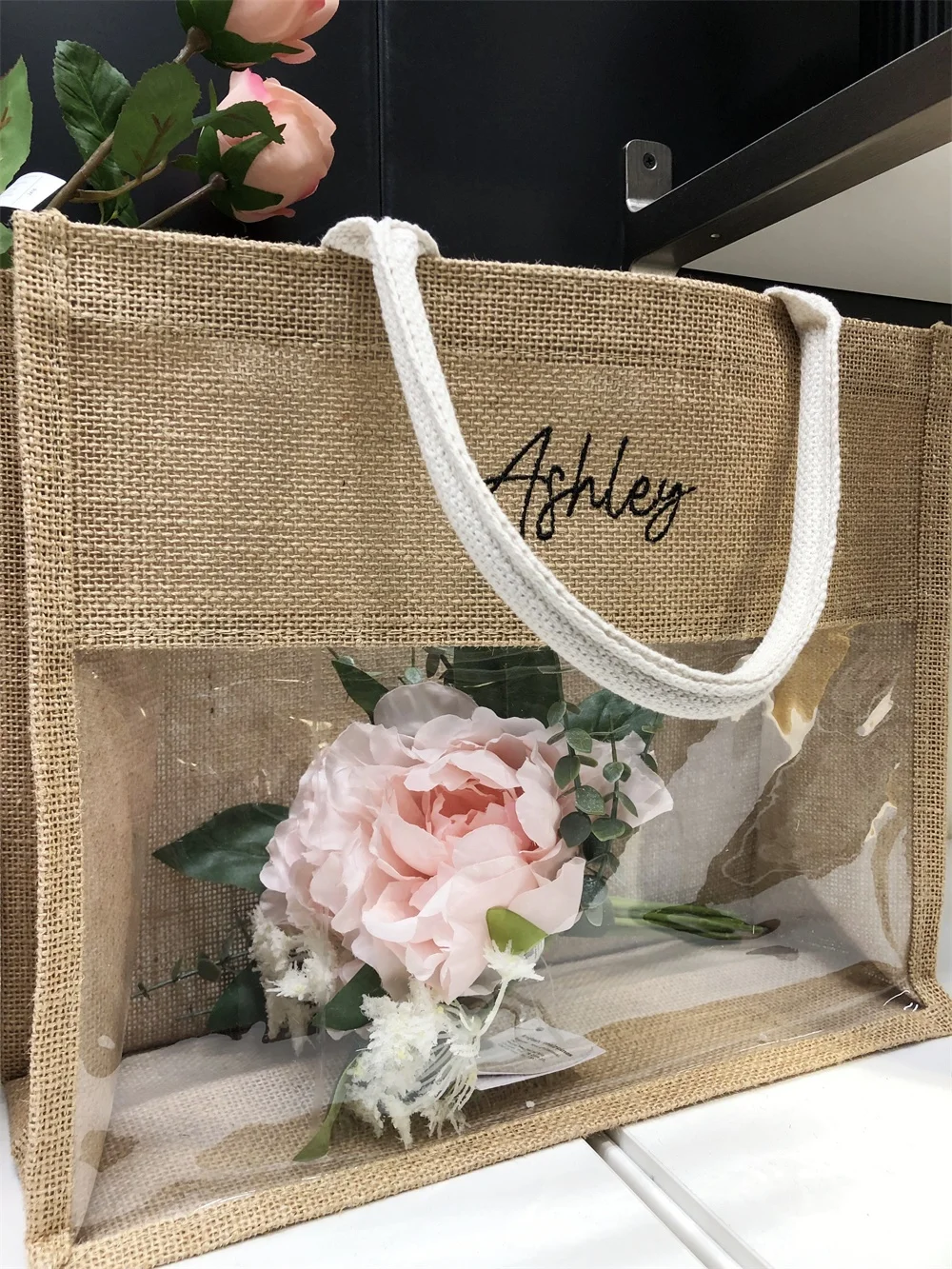 Customized Embroidery Bag With Name/text Burlap and PVC Bags,Bridesmaid Gift Bag,Monogram Tote Bag,Bachelorette Party Bags,