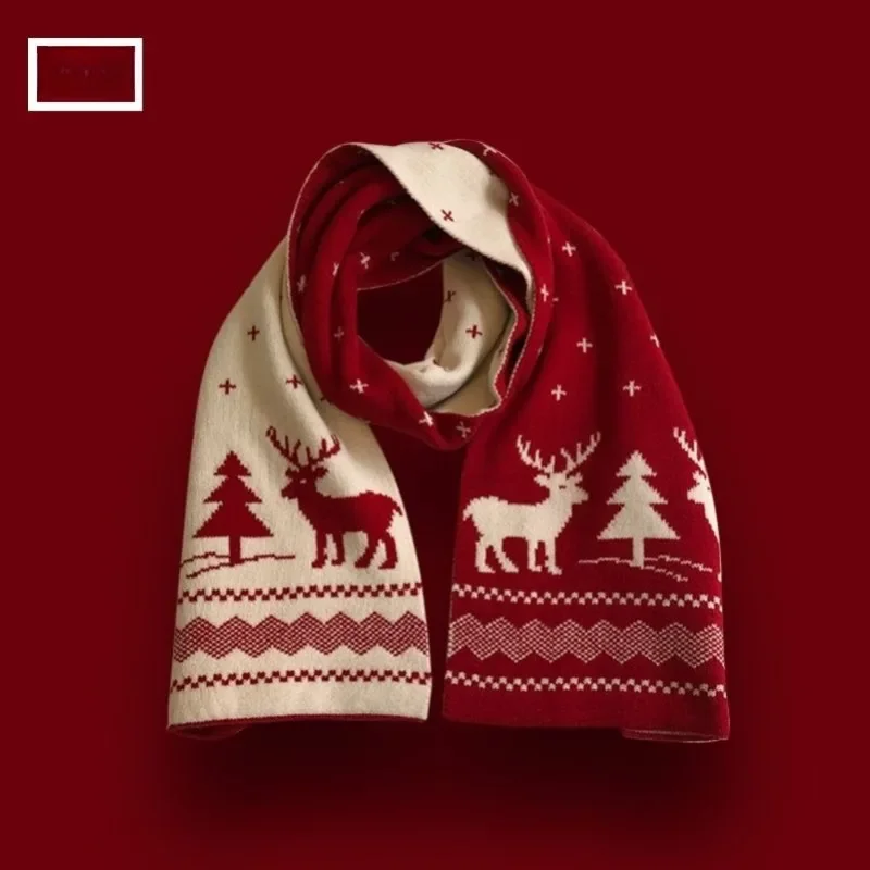 SN55Weihnachtsgeschenk Wollschal Mädchen Winter Warmer Schal für Damen Herren Hirsch Elch Doppelseitige Strickschals Mode Vers$@1w