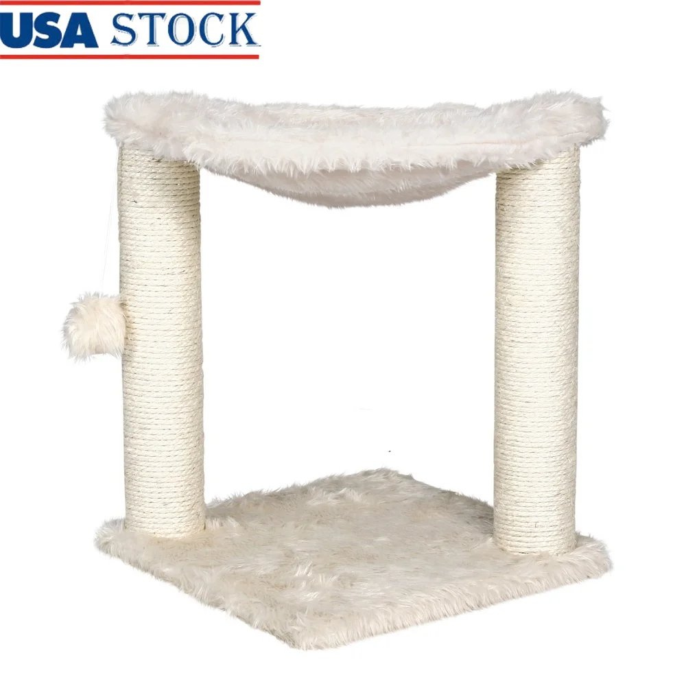 

Dual Post Cat Scratching Tree with Hammock and Pom Pom Toy Plush Jute Scratchers Kittens and Adult Cats Pet Relaxation Play