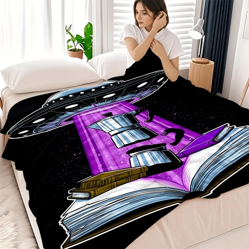 Cozy Retro UFO Coffee Blanket Throw for Reading Nook Space Sci Fi Book Mug Art Decor Large Print 150x200cm