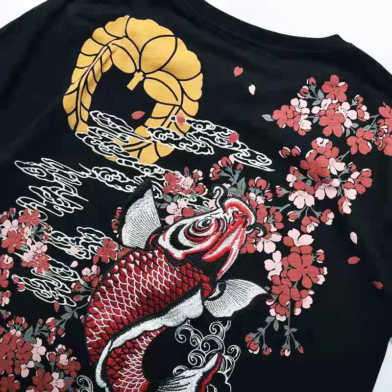 Lyprerazy Japanese Harajuku Ukiyoe Vintage Embroidered T-shirt Men Short-sleeved Chinese Style Carp Fish Embroidery T Shirt